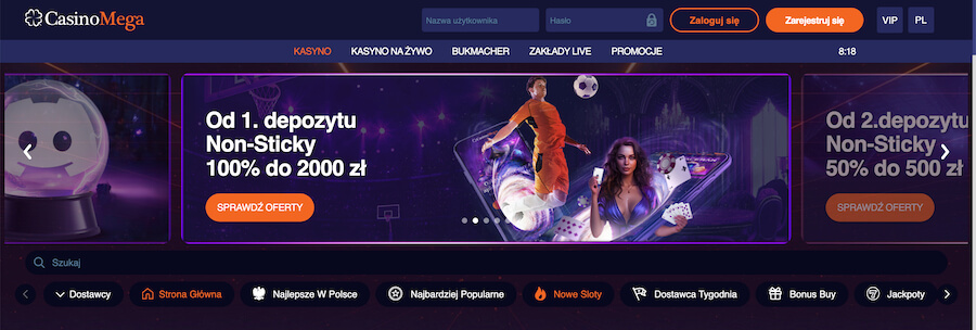 Strona startowa i oferta powitalna CasinoMega.