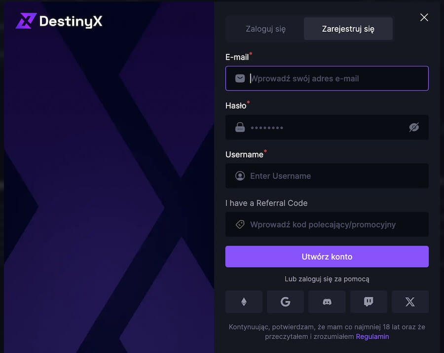 Kasyno DestinyX okno rejestracji.