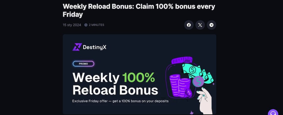 Weekly Reload bonnus w kasynie DestinyX.