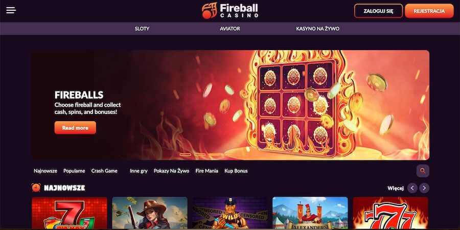 Strona startowa kasyna Fireball Casino i promocja Fireballs.