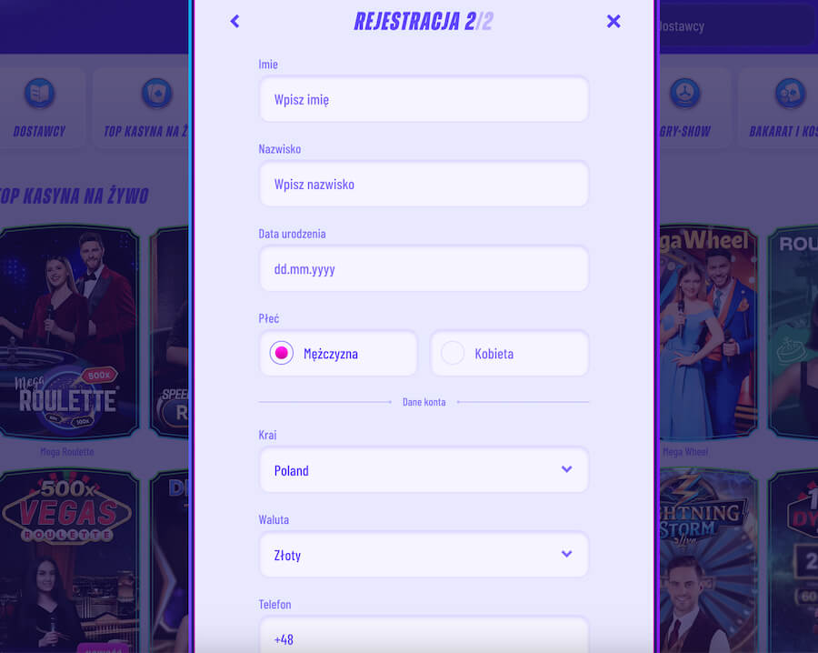 Okno rejestracji w kasynie FunBet.