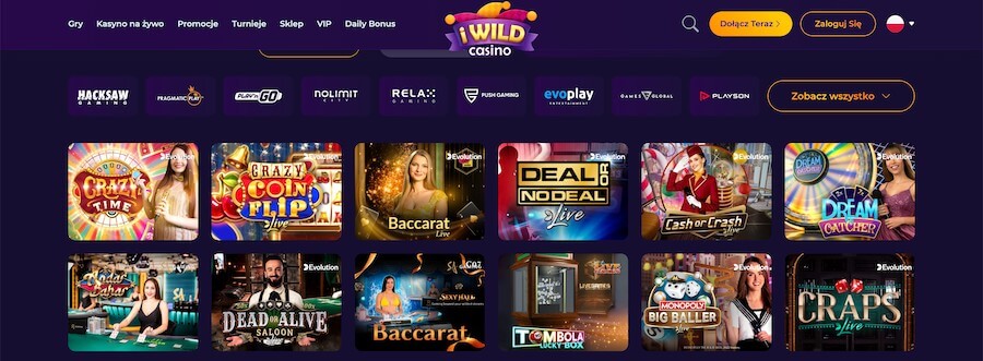 Sekcja kasyno na żywo w kasynie iWild Casino.