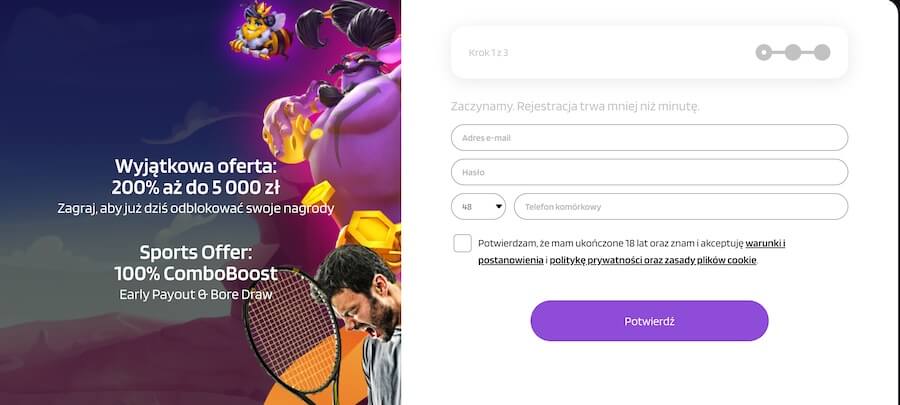 Okno rejestracji w kasynie Punterz.