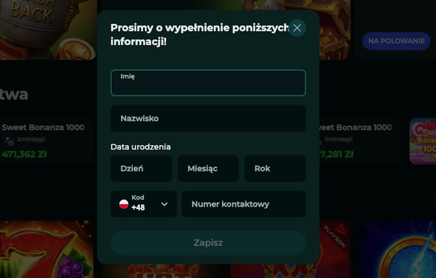 Savaspin kasyno okno rejestracji do wpisania danych.