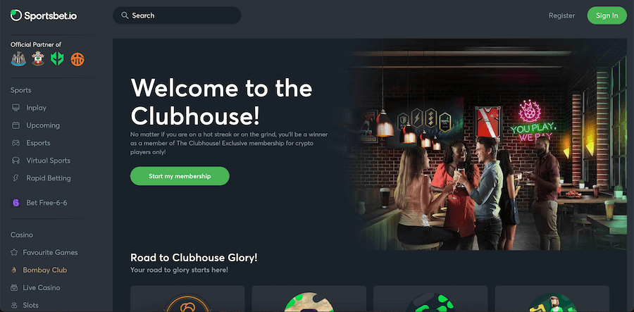 Strona startowa i Clubhouse w kasynie sportsbet.io.