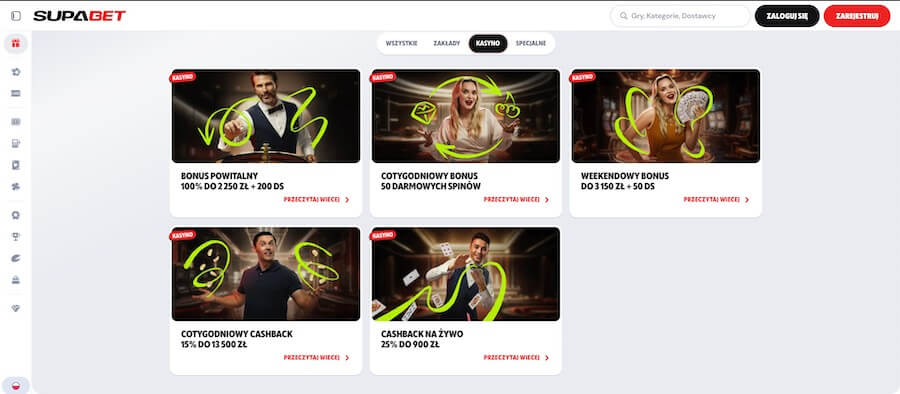 Supabet Casino sekcja z bonusami.