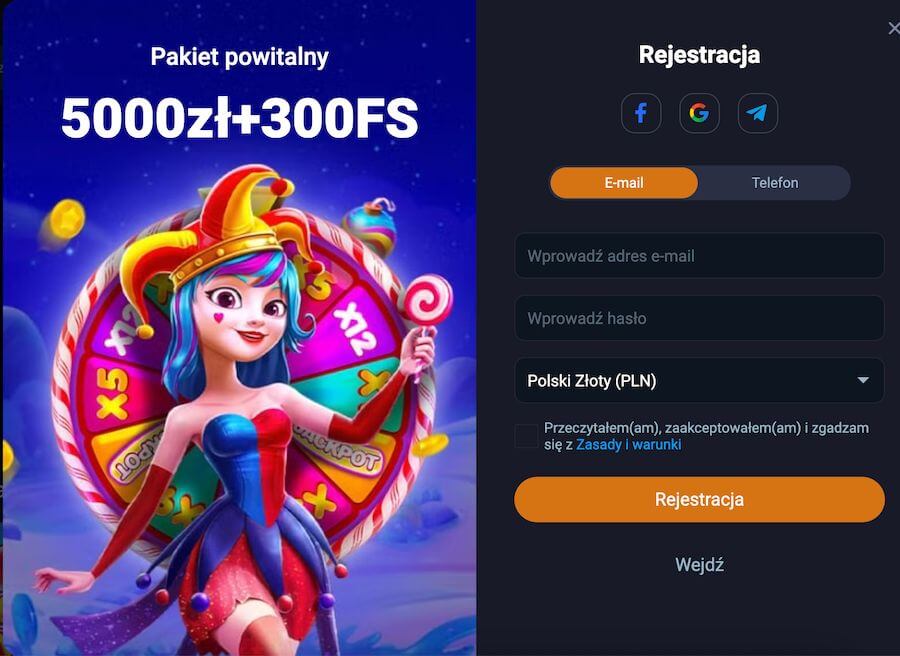 Okno rejestracji w kasynie VoxCasino.