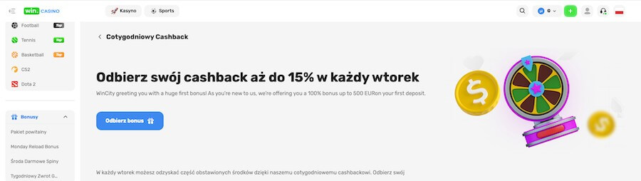 Win Casino i bonus cashback w każdy wtorek.