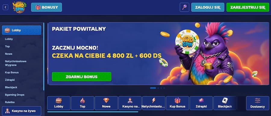 Zrzut ekranu strony głównej BirdSpin Casino
