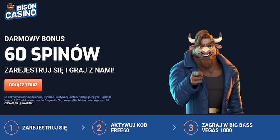 Bison Casino – 60 darmowych spinów bez depozytu z kodem FREE60