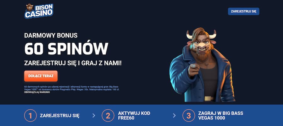 Bison Casino 60 darmowych spinów bez depozytu z kodem FREE60