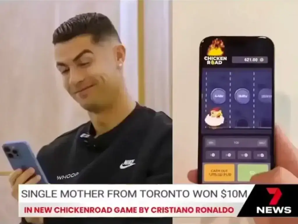 Zrzut ekranu fałszywej reklamy z Cristiano Ronaldo "grającym" w Chicken Road
