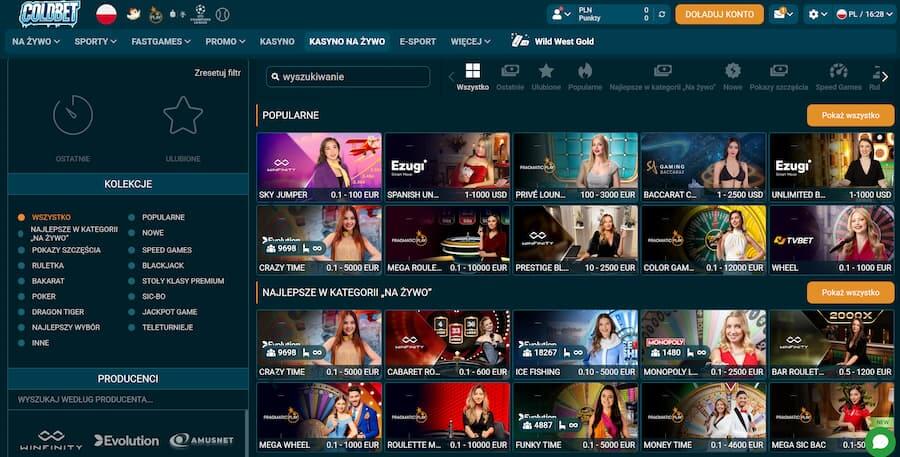 Widok sekcji kasyna na żywo w Coldbet Casino