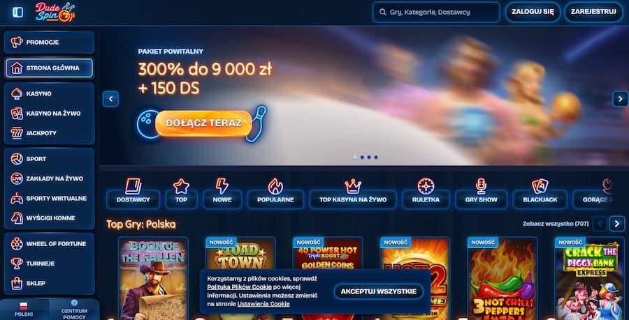 Strona główna Dude Spin Casino podczas testu