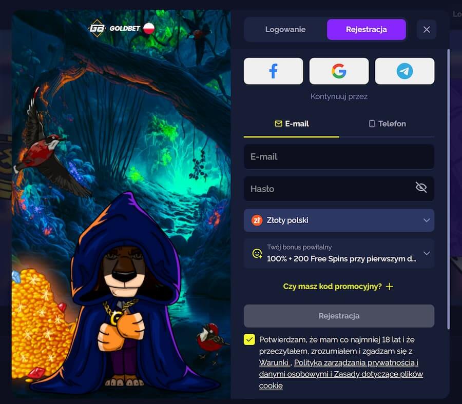 Rejestracja w kasynie Goldbet Casino podczas testu