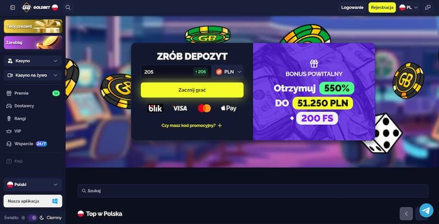Strona główna Goldbet Casino podczas testu
