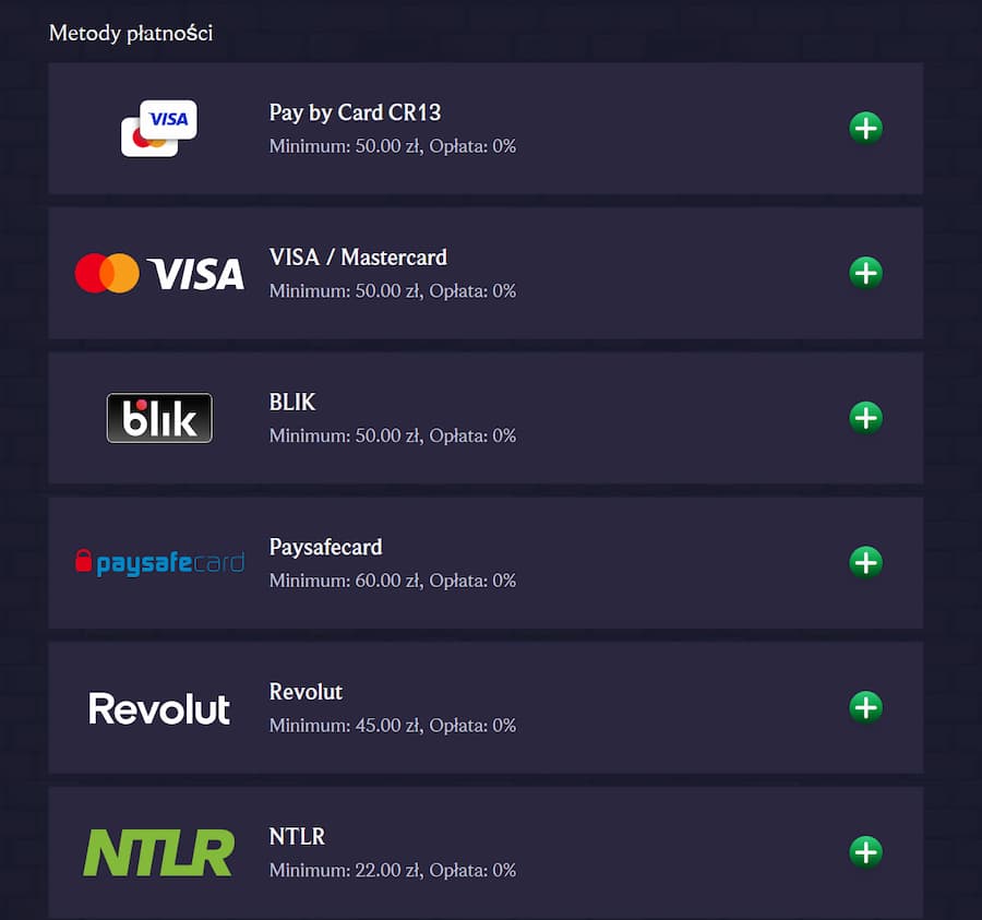 Zrzut ekranu z sekcji metod płatności w LolaJack Casino podczas testu