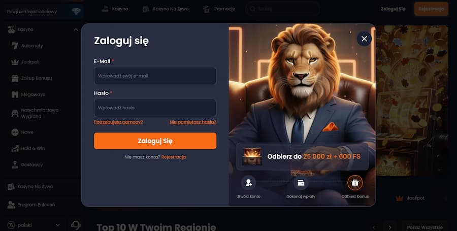 Rejestracja w kasynie Lucky Lion podczas testu