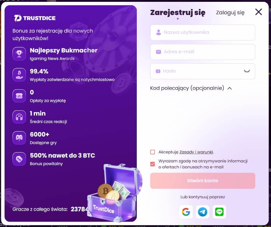 Zrzut ekranu strony rejestracji w Trustdice