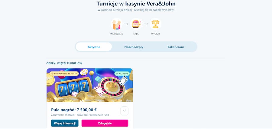 Zrzut ekranu strony turniejów w Vera&John Casino z dostępnymi turniejami