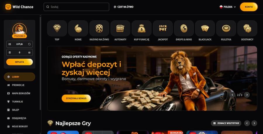 Strona główna WildChance Casino podczas testu