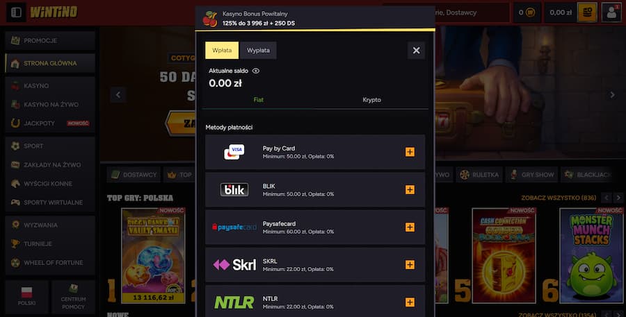 Lista dostępnych metod płatności w Wintino Casino