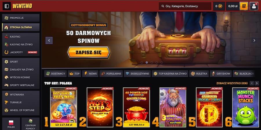 Zrzut ekranu strony głównej Wintino Casino