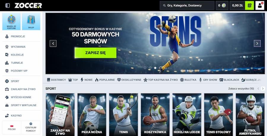 Strona główna Zoccer Casino podczas testu